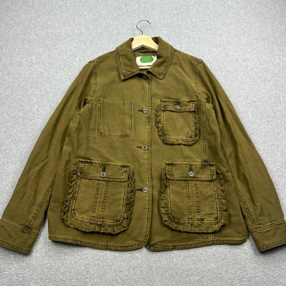 Anthropologie Barn Jacket Womens Medium Green Ruffle Pocket Utility Button Chore